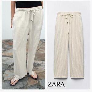 ZARA NWT  STRIPED BEIGE LINEN BLEND PANTS Relaxed Fit SMALL